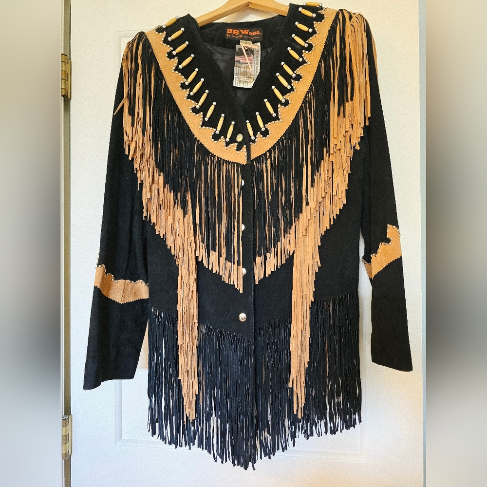 3B West vintage Fringe leather jacket Bone Bead Studs DD Western Wear Size Large